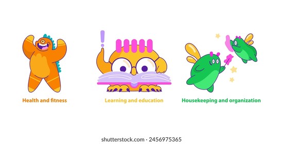 Monster Helpers. Monstruos coloridos que encarnan la forma física, la educación y el orden. Asistencia dinámica en la autosuperación. Ilustración vectorial.