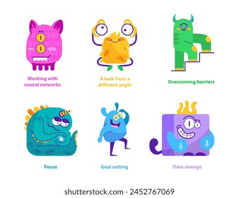 Monster Helpers set. Friendly creatures represent tech and business concepts. Neural networks, perspective, breakthroughs, concentration, objectives, and repositories. Vector illustration.