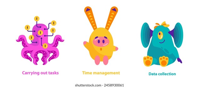 Monster Helpers set. Imaginative creatures demonstrating task execution, time management, and data collection. Fun approach to productivity concepts. Vector illustration.