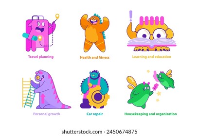 Monster Helpers set. Playful monsters adept in travel, health, learning, auto mechanics, organization, and self-development. Inspiring skills enhancement. Vector illustration.