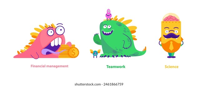 Monstruos ayudantes establecidos. Criaturas extravagantes que representan la gestión financiera, el trabajo en equipo y la ciencia. Concepto creativo para materias educativas, Ilustración vectorial.