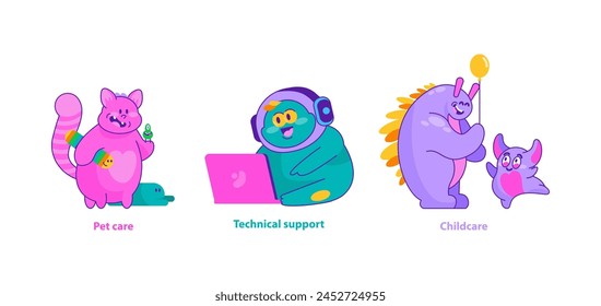 Monster Helpers set. Whimsical monsters providing pet care, technical aid, and childcare. Joyful assistance with a magical touch. Vector illustration.