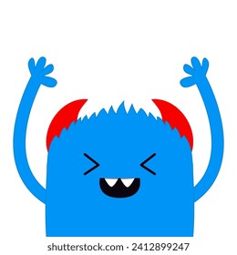 Monstruo levantando la mano. Icono de la cabeza de la cara de la silueta azul. Feliz Halloween. Ojos, cuernos, dientes de colmillo. Cuta caricatura kawaii temible personaje de bebé chistoso. Fondo blanco. Diseño plano. Vector