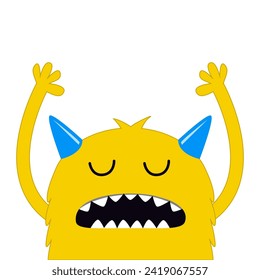 Monster holding hands up. Yellow silhouette face head icon. Happy Halloween. Eyes, fang tooth. Cute cartoon kawaii scary funny boo baby character. White background. Flat design. Vector illustration