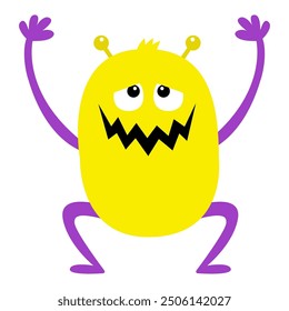 Monster holding hands up. Yellow silhouette icon. Eyes, horns, mouth. Happy Halloween. Cute cartoon kawaii smiling funny baby character. Childish style. Flat design. White background. Isolated. Vector