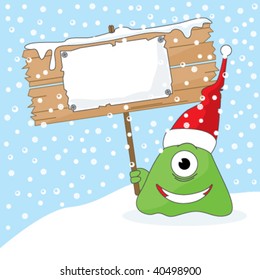 The monster holding the placard with your Christmas message. All elements are easily moved.