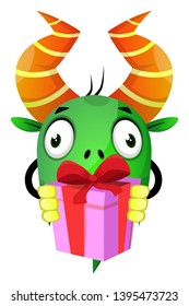 Monster holding present, illustration, vector on white background.