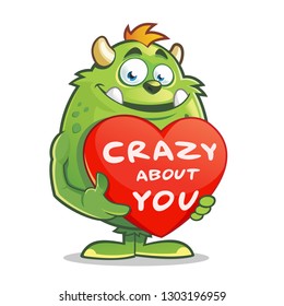 monster holding valentine heart with crazy about you sign