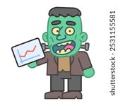 Monster holds digital tablet with business chart and smiles. Vector Illustration