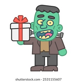 Monster holds gift box and smiles. Vector Illustration