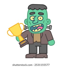 Monster holds gold cup and smiles. Vector Illustration