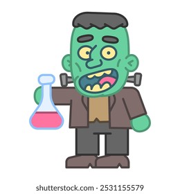 Monster holds test tube and smiles. Vector Illustration