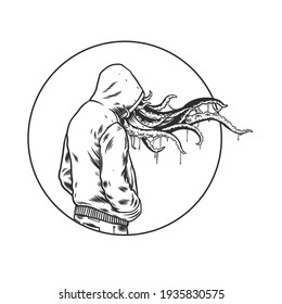 A monster in a hoody. Can be used as a sketch of a tattoo.