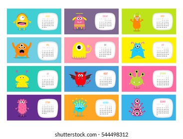 Monster horizontal monthly calendar 2017. Cute funny cartoon character set. All month. Flat design. Vector illustration