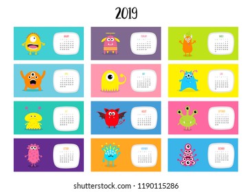 Monster horizontal monthly calendar 2019. Cute funny cartoon character set. All month. Flat design. Vector illustration