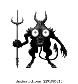 Monster with horns and big yellow eyes and tail holding a trident. Vector illustration. Halftone design.