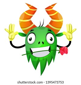 The monster with horns holding a rose in his teeth, illustration, vector on white background.