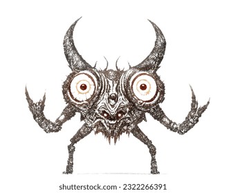 Monster with horns. Scribble sketch. Linear Vector illustration.