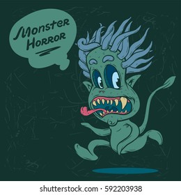 Monster horror vector ink line green color illustration.T-shirt art illustration. Poster vector design. Sticker design