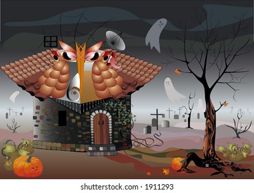 Monster house on the graveyard with ghosts and pumpkins