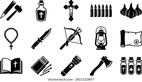 Monster hunting tools, religious artifacts, survival gear icons.
