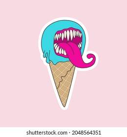 Monster ice cream cone. Trick or treat Halloween party vector sticker.