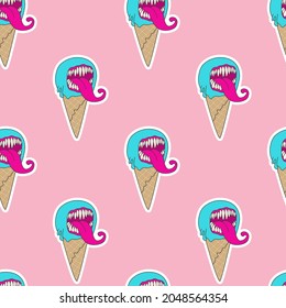 Monster ice cream cone. Trick or treat Halloween party vector pattern.