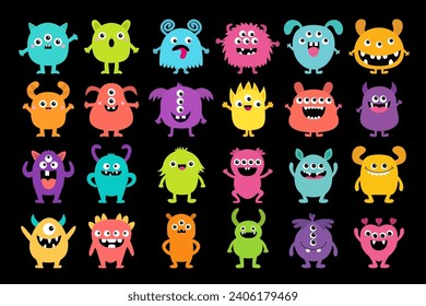 Juego grande de iconos del monstruo. Feliz Halloween. Monstruos coloridos. Ojos, lengua, colmillo dental, manos arriba. Cute kawaii caricatura graciosa de bebé asustado. Diseño plano. Aislado. Fondo negro. Vector