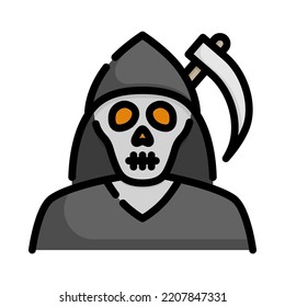 Icono de monstruo. Diseño de esquema relleno. Monstruo fantasma con arma de hoz. El monstruo acechante representa la muerte y el mal. Festividad de halloween. Ilustración vectorial.