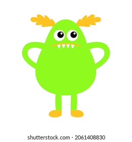 Monster icon. Happy Halloween. Angry face head. Eyes, horns, fang tooth. Cute cartoon boo spooky character. Kawaii funny baby. Green silhouette. Flat design. White background. Vector illustration