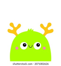 Monster icon. Happy Halloween. Smiling face head. Eyes, horns. Cute cartoon boo spooky character. Kawaii funny baby. Green silhouette. Flat design. White background. Isolated. Vector illustration