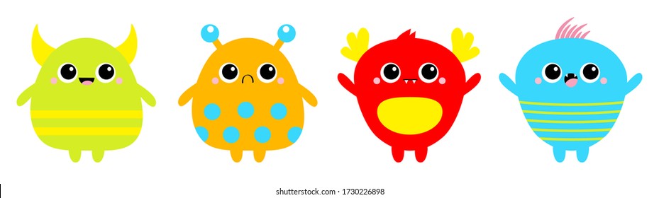 Monster icon line. Happy Halloween. Baby icon set. Cute cartoon kawaii scary funny colorful character. Eyes, tooth fang, tongue, hands up. White background. Isolated. Flat design. Vector illustration