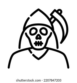 Icono de monstruo. Diseño de esquema. Monstruo fantasma con arma de hoz. El monstruo acechante representa la muerte y el mal. Festividad de halloween. Ilustración vectorial.