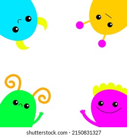 Monster icon set in the corner frame. Happy Halloween. Kawaii cute cartoon baby character. Funny face head body. Colorful silhouette. Flat design. White background. Vector illustration