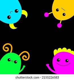 Monster icon set in the corner frame. Happy Halloween. Kawaii cute cartoon baby character. Funny face head body. Colorful silhouette. Flat design. Black background. Vector illustration
