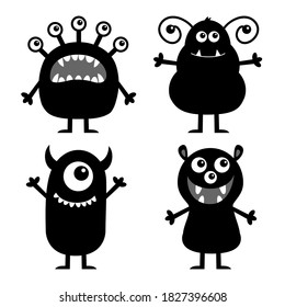 Monster icon set. Happy Halloween. Cute kawaii cartoon baby character. Funny face head black silhouette. Eyes teeth fang tongue, holding hands up down. Flat design. White background. Vector