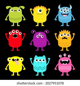 Monster icon set. Happy Halloween. Funny head face colorful silhouette. Cute cartoon kawaii baby character. Eyes horn teeth fang tongue. Hands up, down. Flat design. Black background. Vector