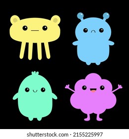 Monster icon set. Happy Halloween. Kawaii cute cartoon baby character. Funny face head body. Hands up, horn, eyes fang teeth tongue. Patel color. Flat design. Black background. Vector illustration