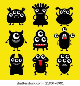 Monster icon set. Happy Halloween. Cute kawaii cartoon funny baby character. Black silhouette. Sticker print template.. Eyes, horn, fang teeth tongue. Flat design. Yellow background. Vector