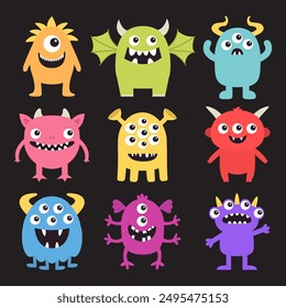 Monster icon set. Happy Halloween. Cute cartoon kawaii funny baby character. Colorful silhouette. Sticker print. Eyes, horns, fang teeth, wing. Childish style. Flat design. Black background. Vector