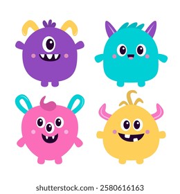 Monster icon set. Happy Halloween. Cartoon kawaii funny character. Colorful silhouette monsters. Cute face with teeth, horns, eyes, hands. Childish baby collection. Flat design White background Vector