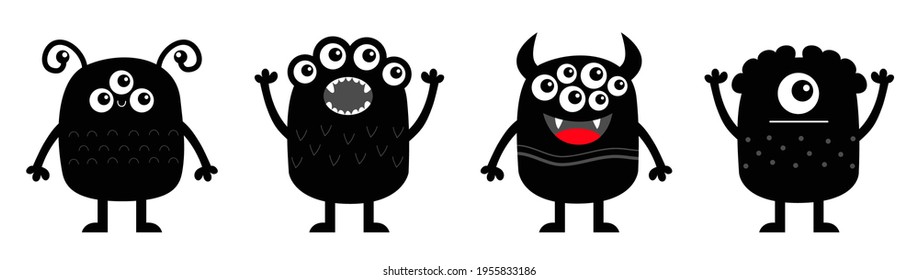 Monster icon set line banner. Happy Halloween. Kawaii cute cartoon baby character. Funny face head body black silhouette. Hands up, eyes teeth fang horn tongue. Flat design. White background. Vector