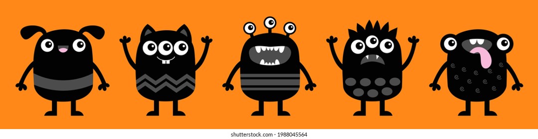 Monster icon set line banner. Happy Halloween. Kawaii cute cartoon baby character. Funny face head body black silhouette. Hands up, eyes fang teeth horn tongue. Flat design. Orange background. Vector