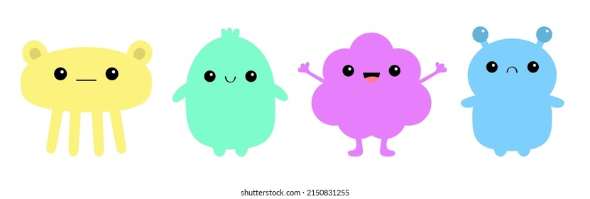 Monster icon set line banner. Happy Halloween. Kawaii cute cartoon baby character. Funny face head body. Hands up, horn, eyes fang teeth tongue. Patel color. Flat design. White background. Vector
