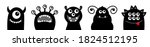 Monster icon set line. Happy Halloween. Funny face head black silhouette. Cute cartoon kawaii baby character. Eyes teeth fang tongue. Flat design. White background. Vector illustration