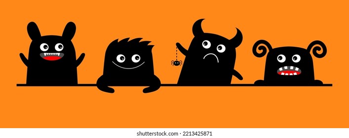 Monster Icon Set Line. Happy Halloween. Cute Cartoon Kawaii Baby Character. Eyes Teeth Fang Tongue Fur, Hands. Funny Face Head Black Silhouette. Flat Design. Orange Background. Vector Illustration