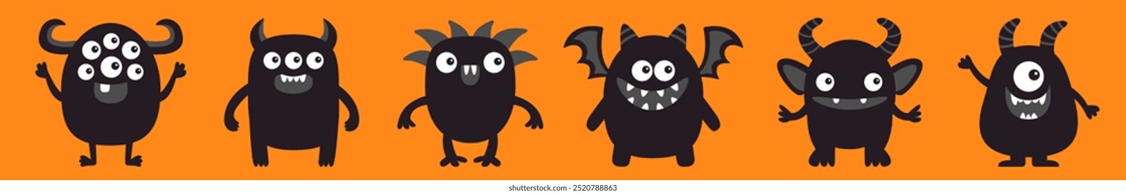 Línea de conjunto de iconos de monstruo. Feliz Halloween. Caricatura linda kawaii personaje divertido del bebé. Silueta negra. Cuernos, alas, dientes de colmillos, ojos. Impresión de la etiqueta engomada. Estilo infantil. Diseño plano. Vector de fondo naranja