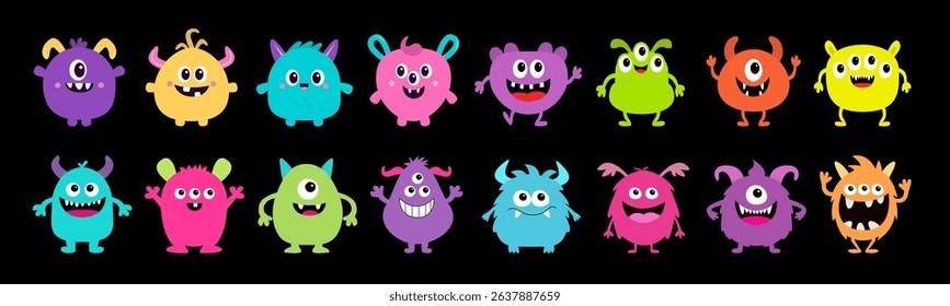 Monster icon set line. Happy Halloween. Cute cartoon kawaii colorful scary funny character. Eyes, tongue, hands up. Baby collection. Childish style. Sticker print. Flat design. Black background Vector