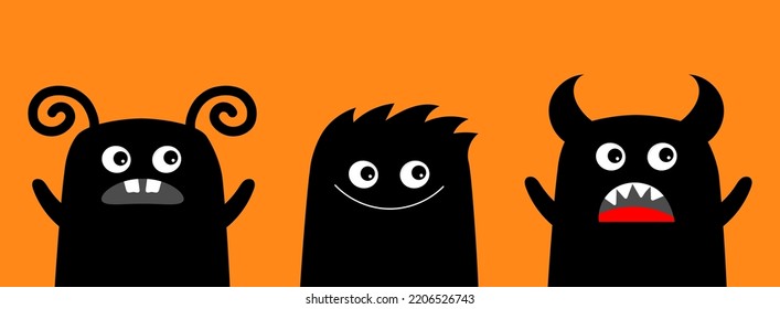 Monster icon set line holding hands. Happy Halloween. Cute cartoon kawaii baby character. Eyes teeth fang tongue fur. Funny face head black silhouette.Flat design. Orange background. Vector