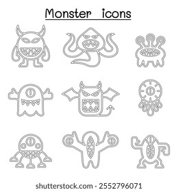 Monster icon set in thin line style